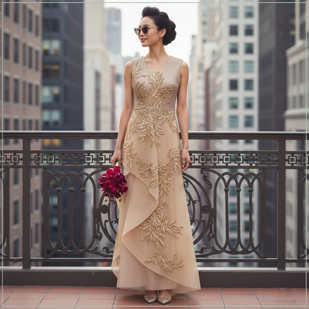 $5200 Saiid Kobeisy Layered Gold Floral Embroidered Runway Gown